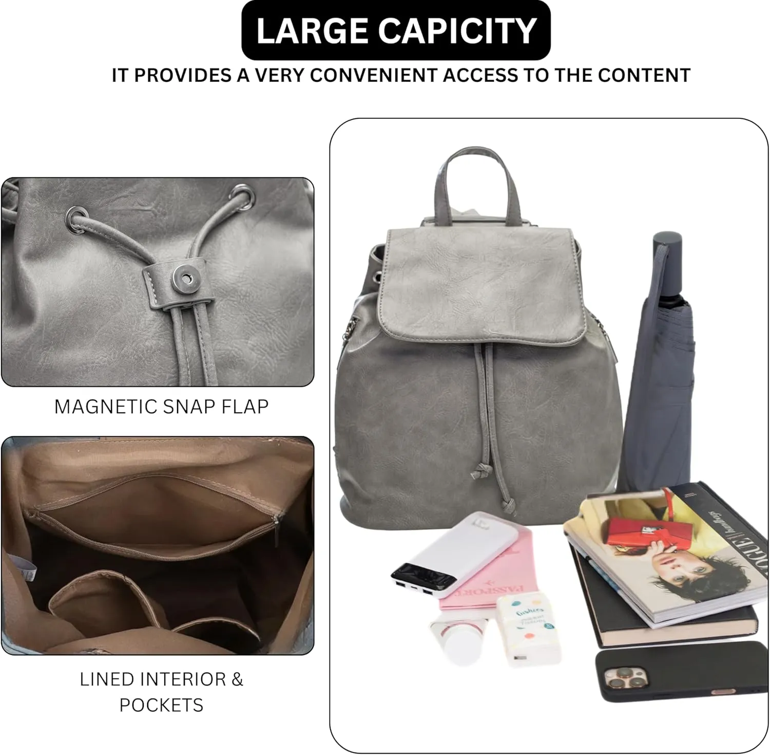 Stylish Flap Top Backpack for Women – Travel & Everyday Faux Leather Rucksack with Zip Pockets – Jude (Light Grey)