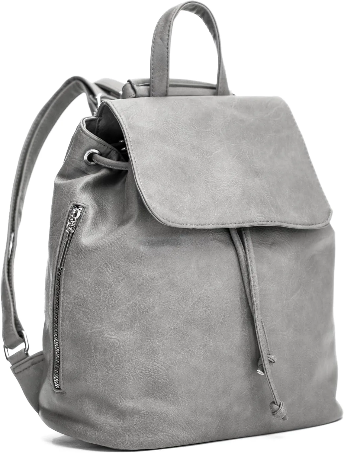 Stylish Flap Top Backpack for Women – Travel & Everyday Faux Leather Rucksack with Zip Pockets – Jude (Light Grey)
