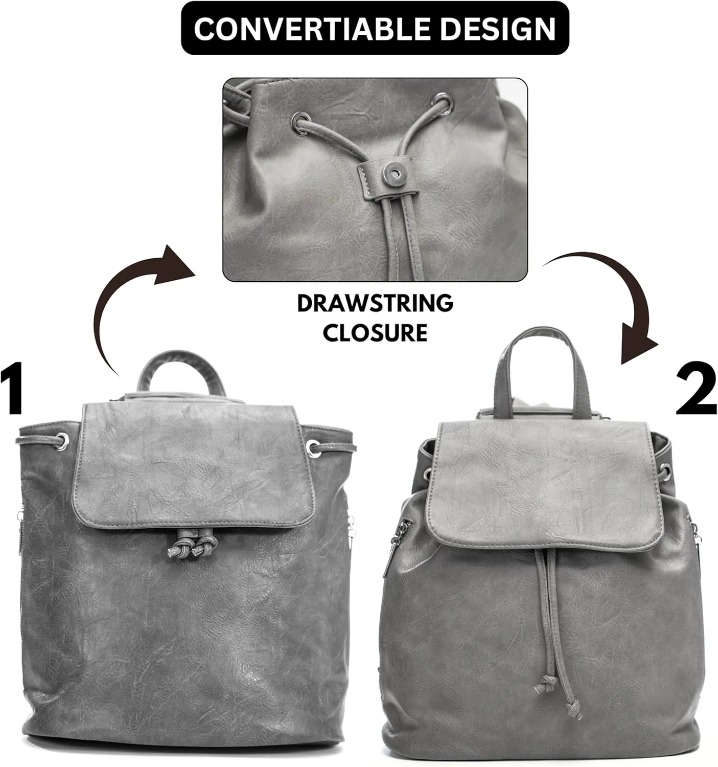 Stylish Flap Top Backpack for Women – Travel & Everyday Faux Leather Rucksack with Zip Pockets – Jude (Light Grey)