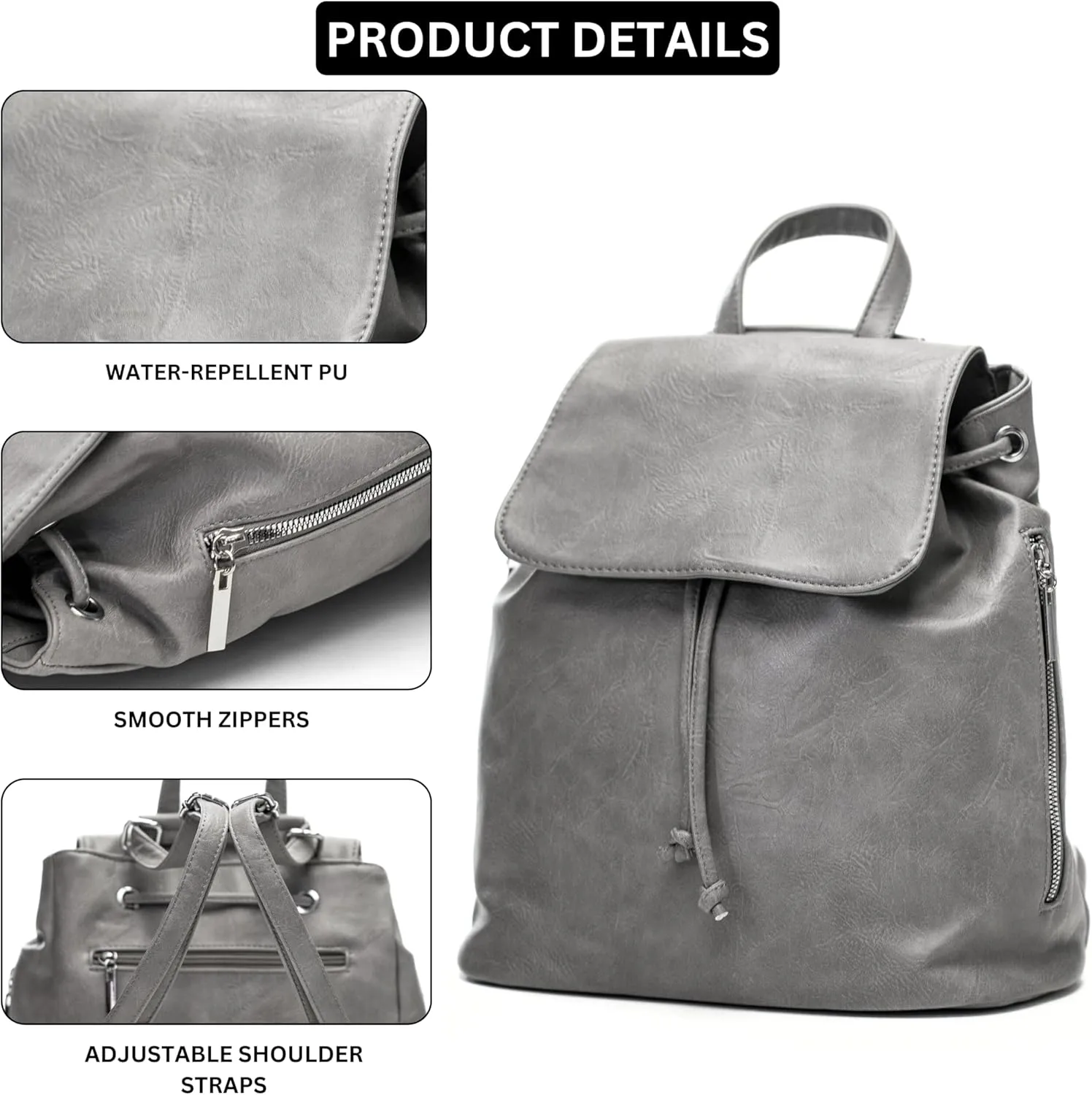 Stylish Flap Top Backpack for Women – Travel & Everyday Faux Leather Rucksack with Zip Pockets – Jude (Light Grey)