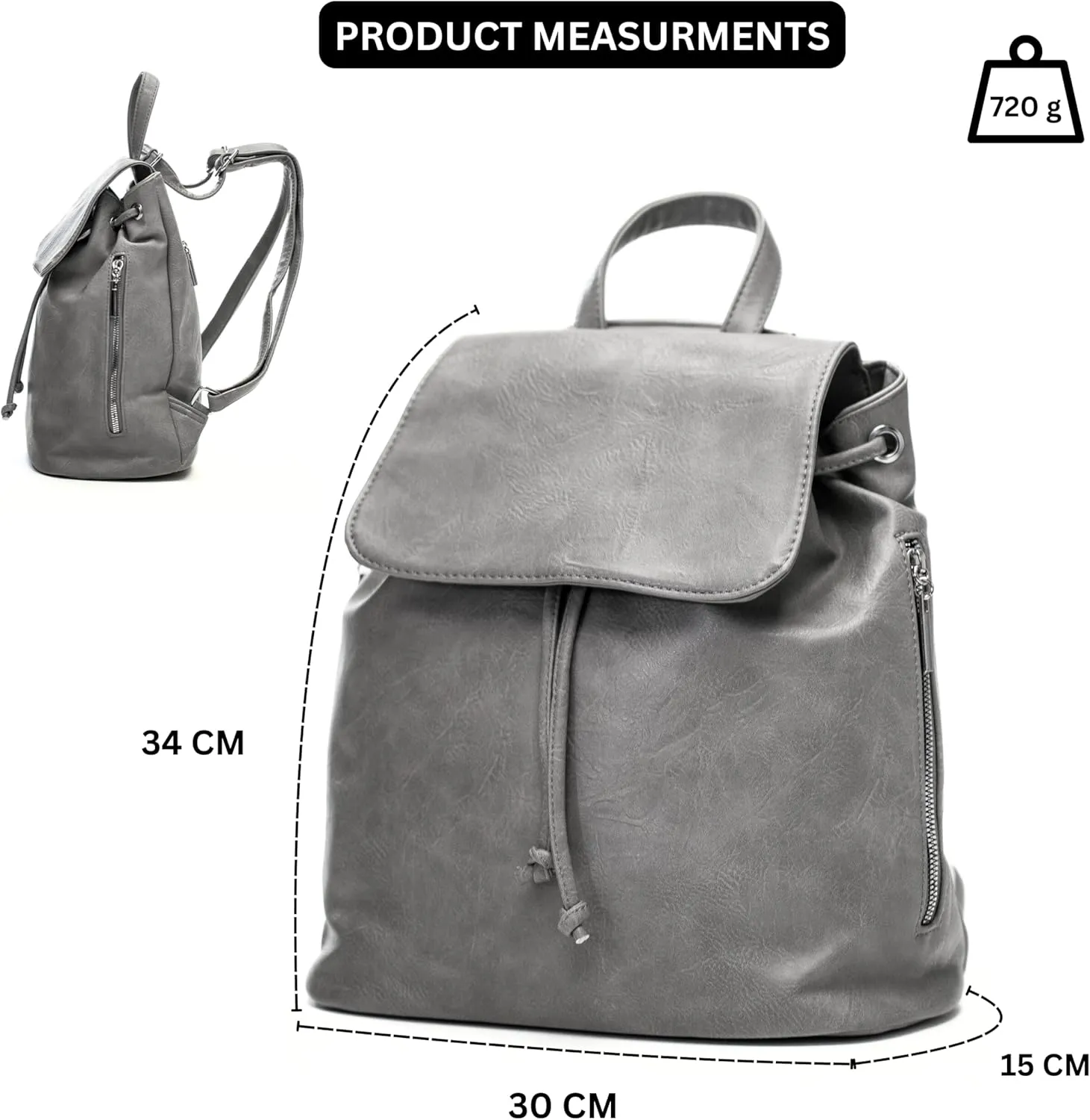 Stylish Flap Top Backpack for Women – Travel & Everyday Faux Leather Rucksack with Zip Pockets – Jude (Light Grey)