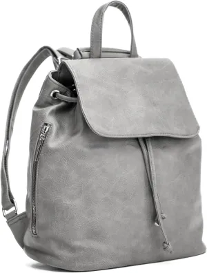 Stylish Flap Top Backpack for Women – Travel & Everyday Faux Leather Rucksack with Zip Pockets – Jude (Light Grey)