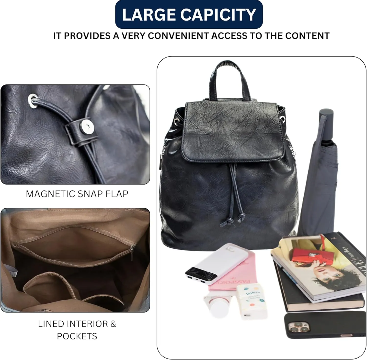 Stylish Flap Top Backpack for Women – Travel & Everyday Faux Leather Rucksack with Zip Pockets – Jude (Navy)