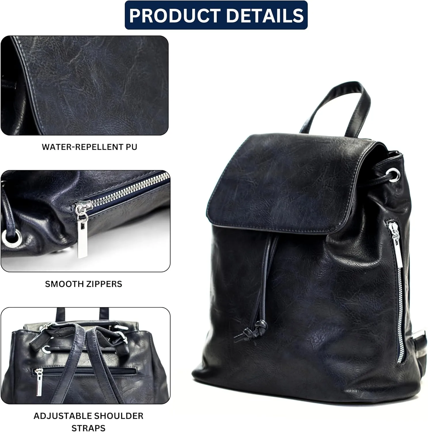 Stylish Flap Top Backpack for Women – Travel & Everyday Faux Leather Rucksack with Zip Pockets – Jude (Navy)