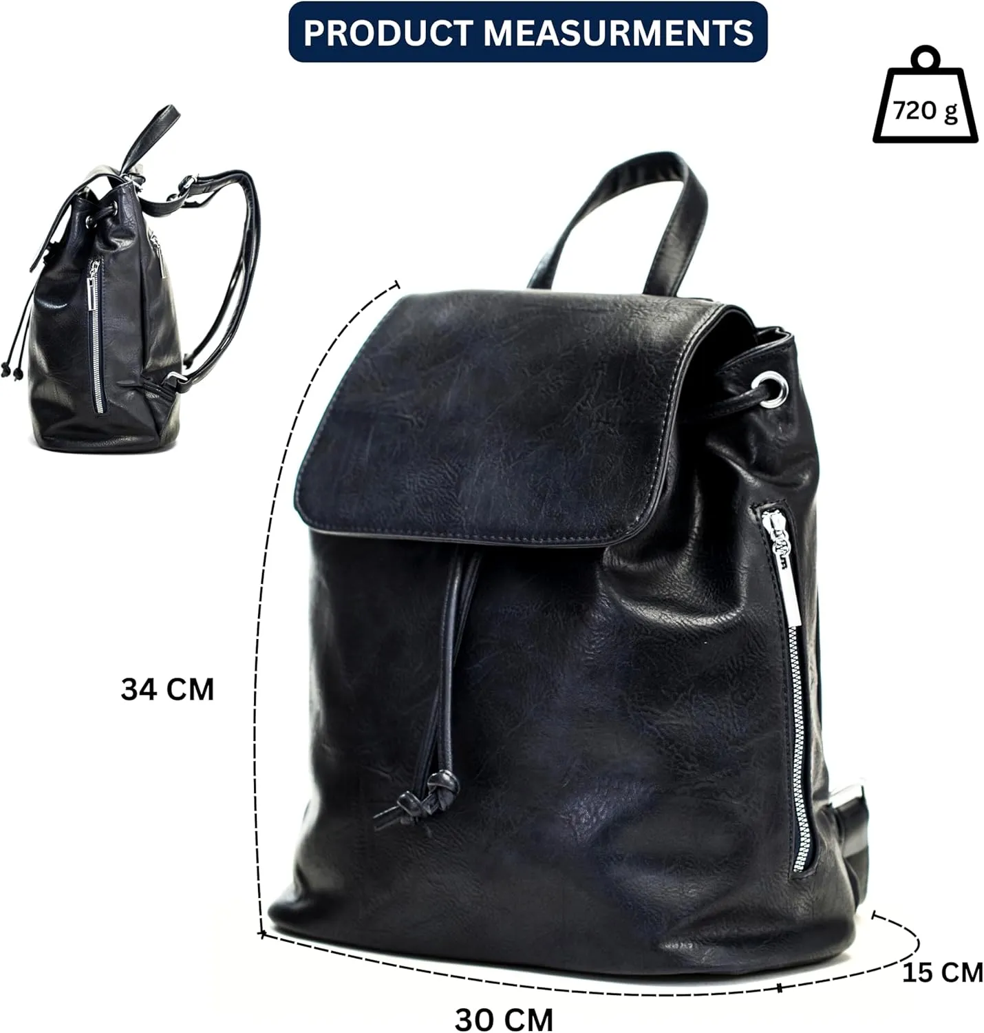 Stylish Flap Top Backpack for Women – Travel & Everyday Faux Leather Rucksack with Zip Pockets – Jude (Navy)