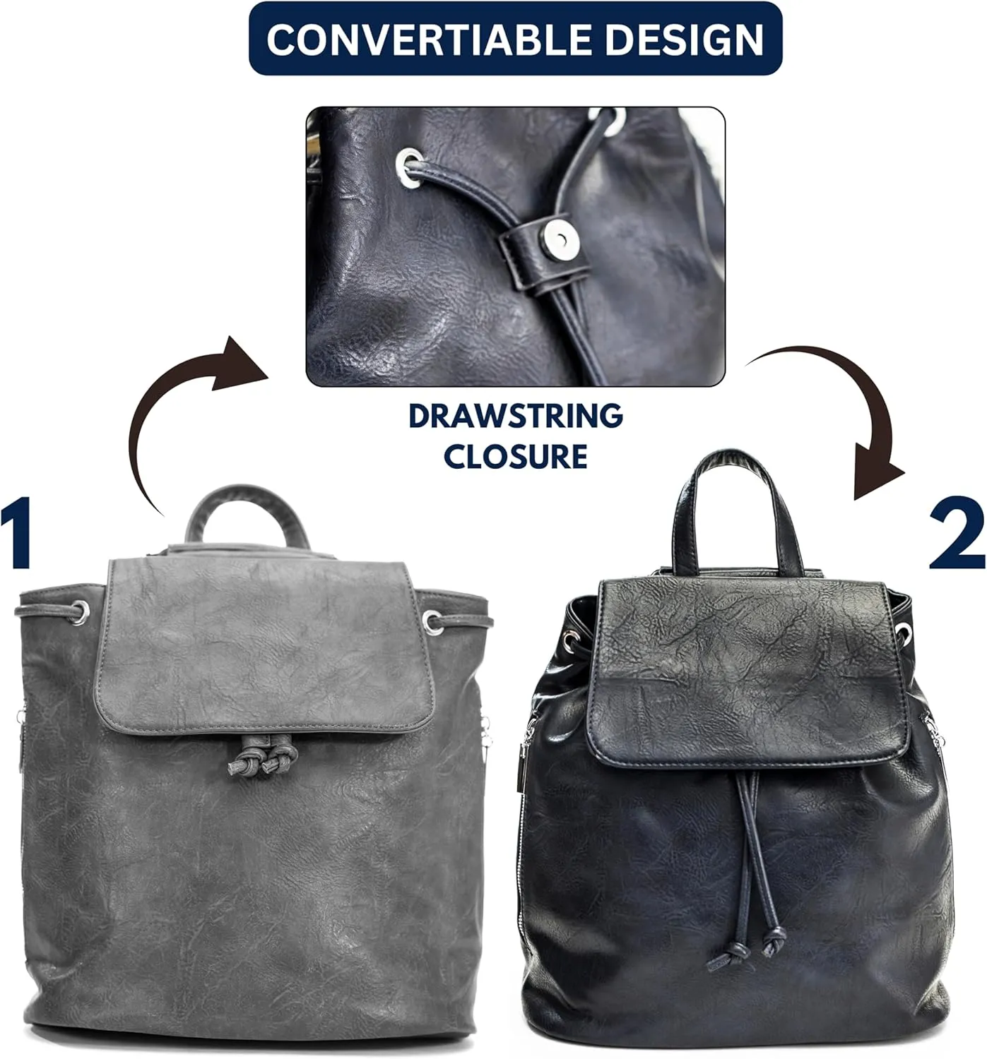 Stylish Flap Top Backpack for Women – Travel & Everyday Faux Leather Rucksack with Zip Pockets – Jude (Navy)