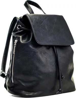 Stylish Flap Top Backpack for Women – Travel & Everyday Faux Leather Rucksack with Zip Pockets – Jude (Navy)