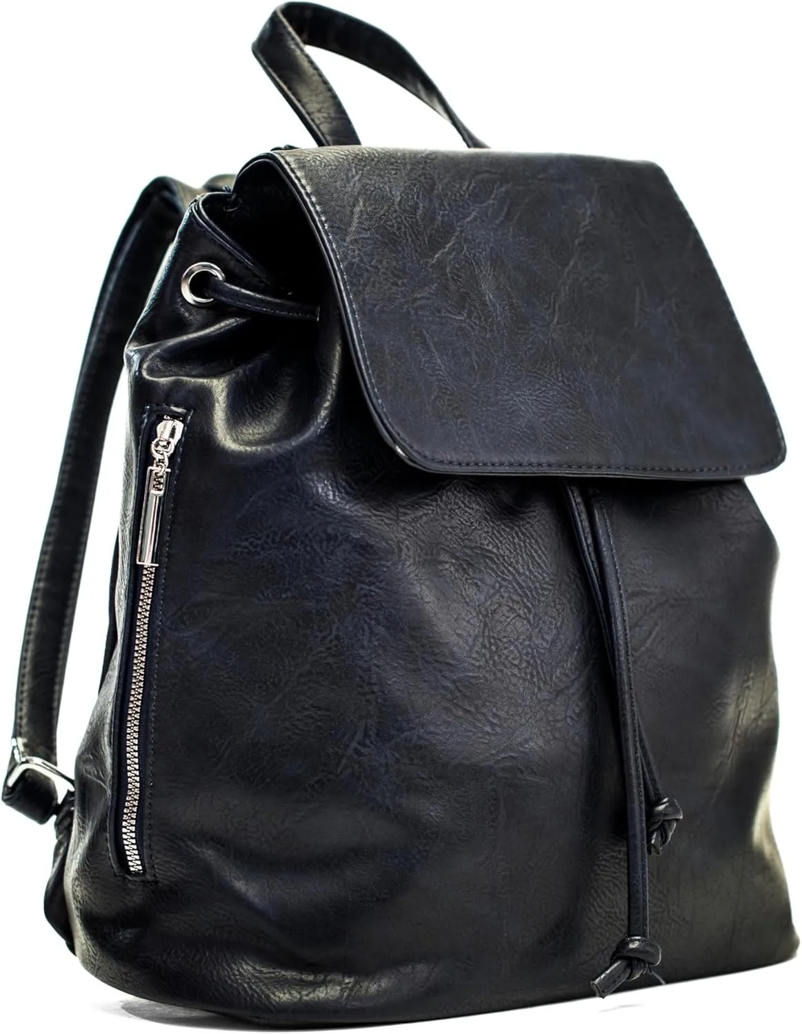 Stylish Flap Top Backpack for Women – Travel & Everyday Faux Leather Rucksack with Zip Pockets – Jude (Navy)