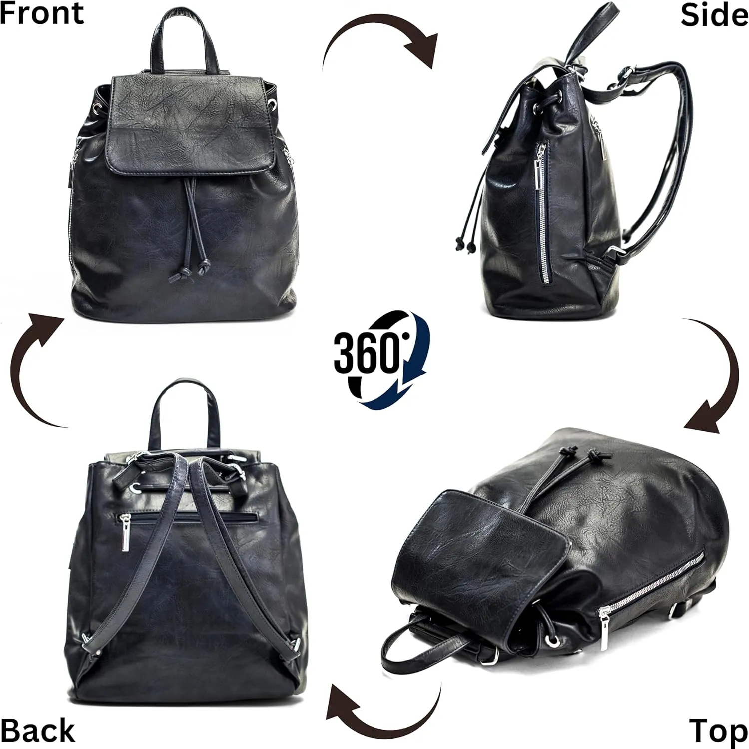 Stylish Flap Top Backpack for Women – Travel & Everyday Faux Leather Rucksack with Zip Pockets – Jude (Navy)