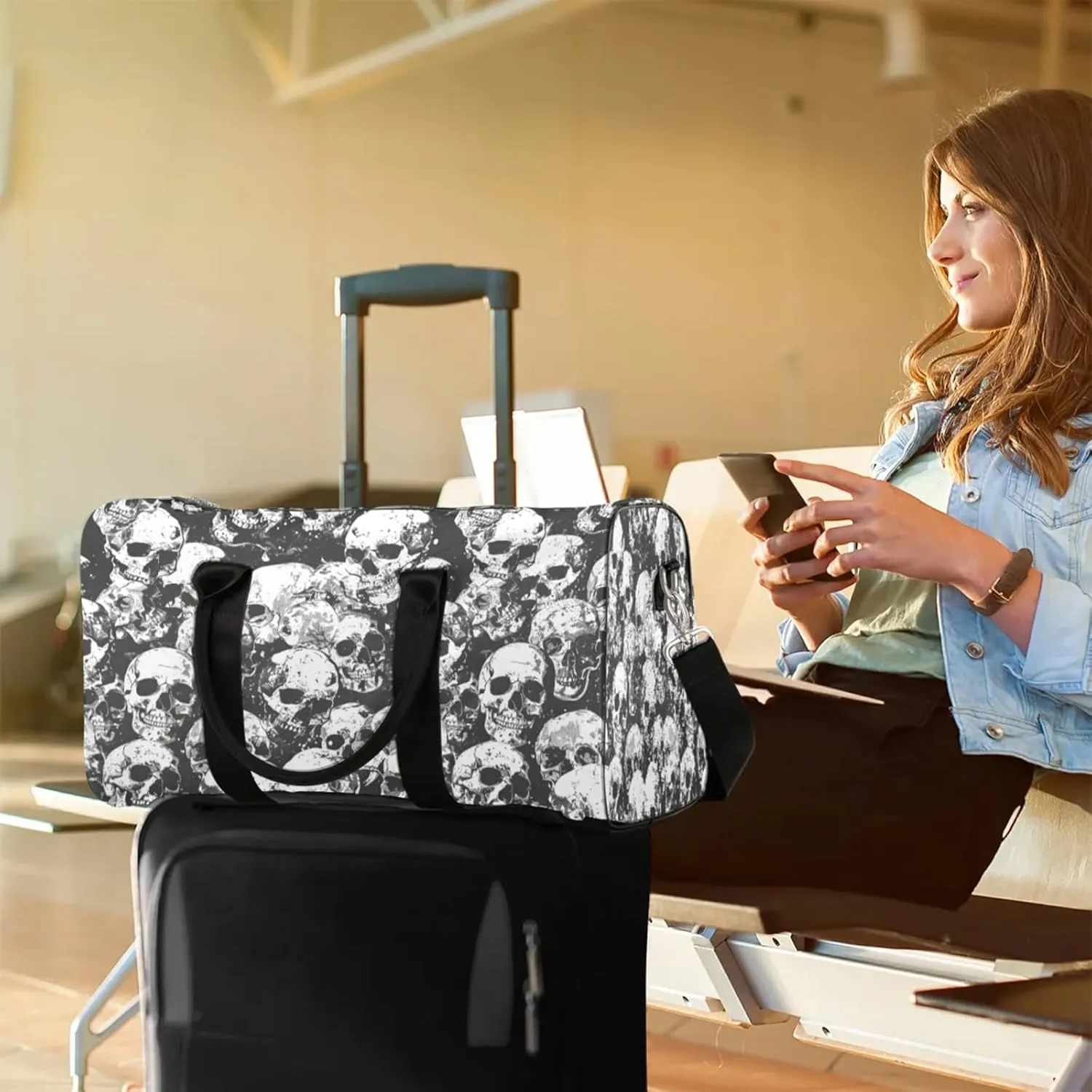 Sugar Skull Black White Skeleton Travel Duffle Bag, Sports Gym Bags for Women Men, Carry On Weekender Overnight Workout Airplane Trips Bag
