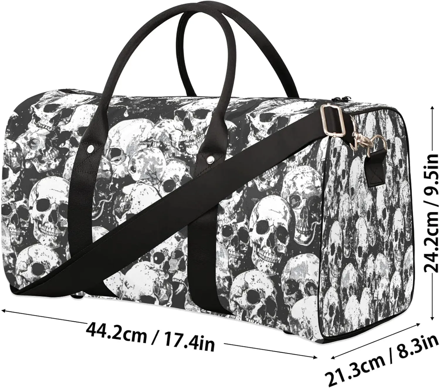 Sugar Skull Black White Skeleton Travel Duffle Bag, Sports Gym Bags for Women Men, Carry On Weekender Overnight Workout Airplane Trips Bag