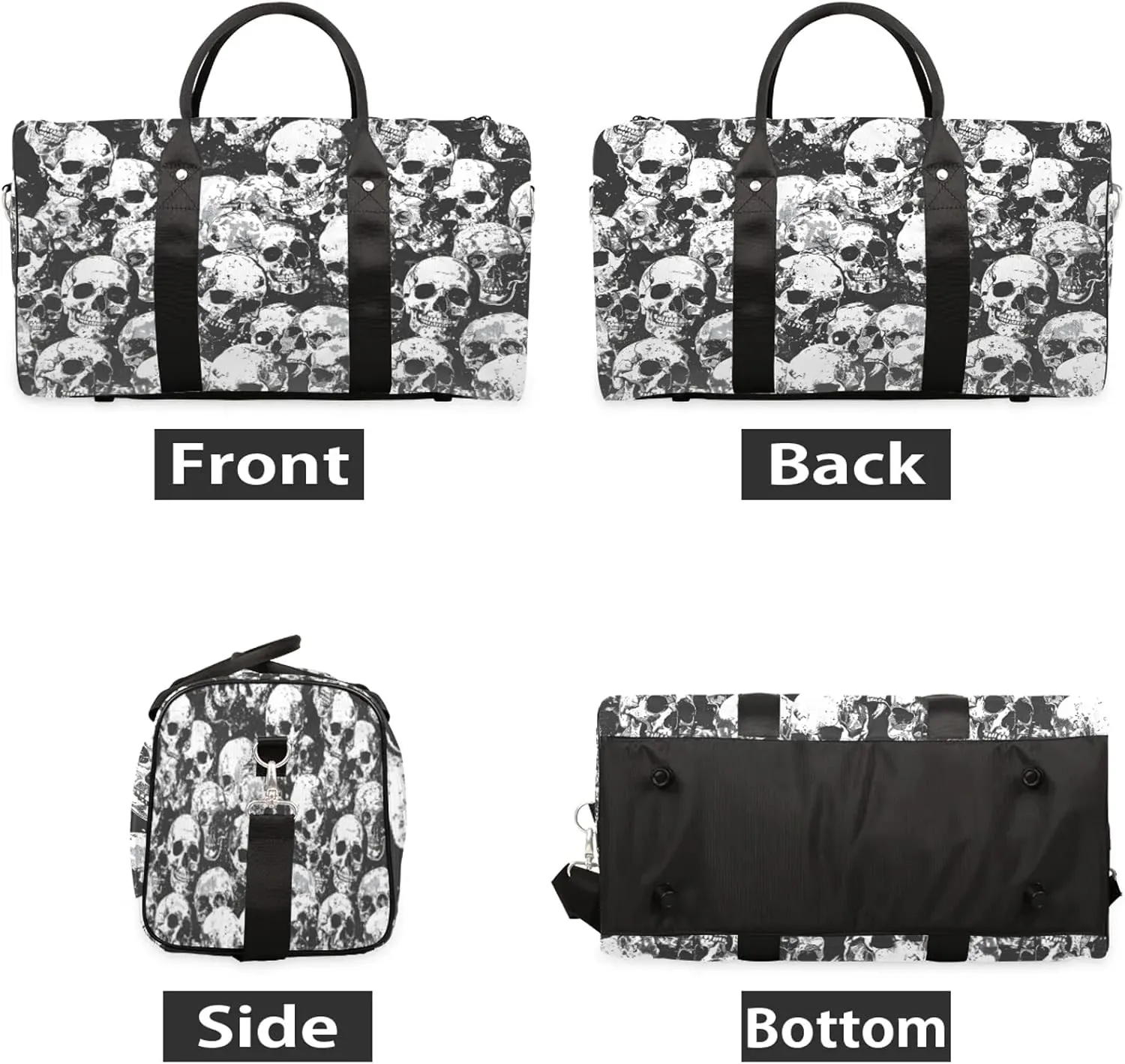 Sugar Skull Black White Skeleton Travel Duffle Bag, Sports Gym Bags for Women Men, Carry On Weekender Overnight Workout Airplane Trips Bag