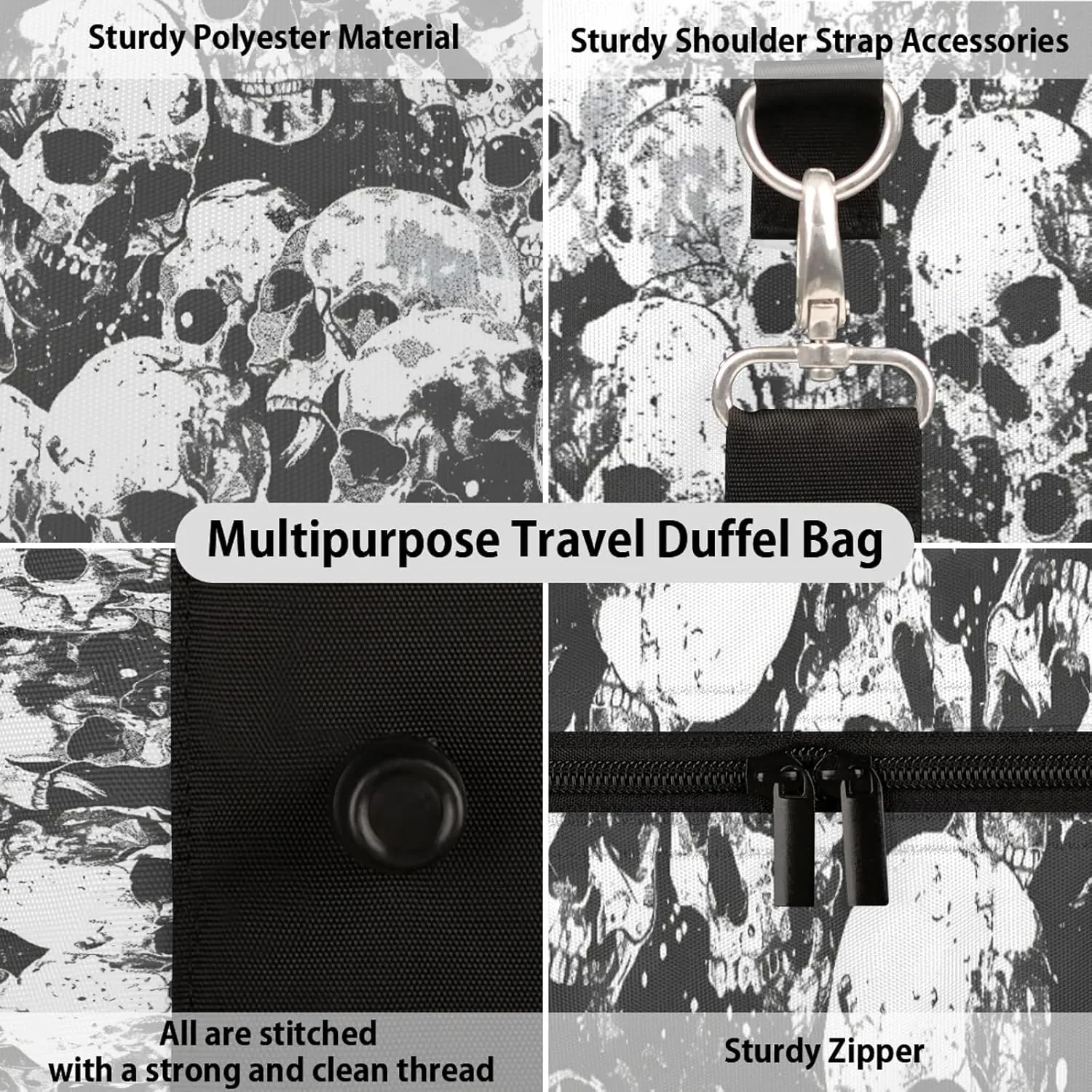 Sugar Skull Black White Skeleton Travel Duffle Bag, Sports Gym Bags for Women Men, Carry On Weekender Overnight Workout Airplane Trips Bag