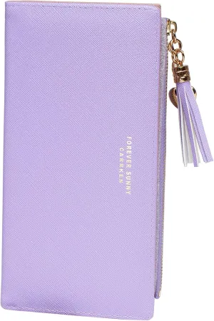 SUMGOGO Wallets for Women Slim Clutch Purse Handbag Card Holder Womens Long Tassel Zipper Pocket Fashion Taiga Leather Billfold Wallet (Lavender)
