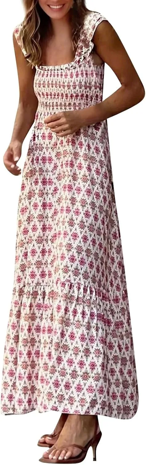 Summer Dresses for Women 2025 Vacation Spaghetti Strap Graffiti Maxi Dress Graphic A Line Swing Beach Dresses