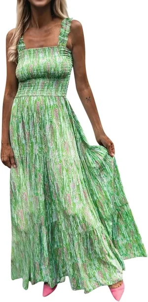 Summer Dresses for Women 2025 Vacation Spaghetti Strap Graffiti Maxi Dress Graphic A Line Swing Beach Dresses