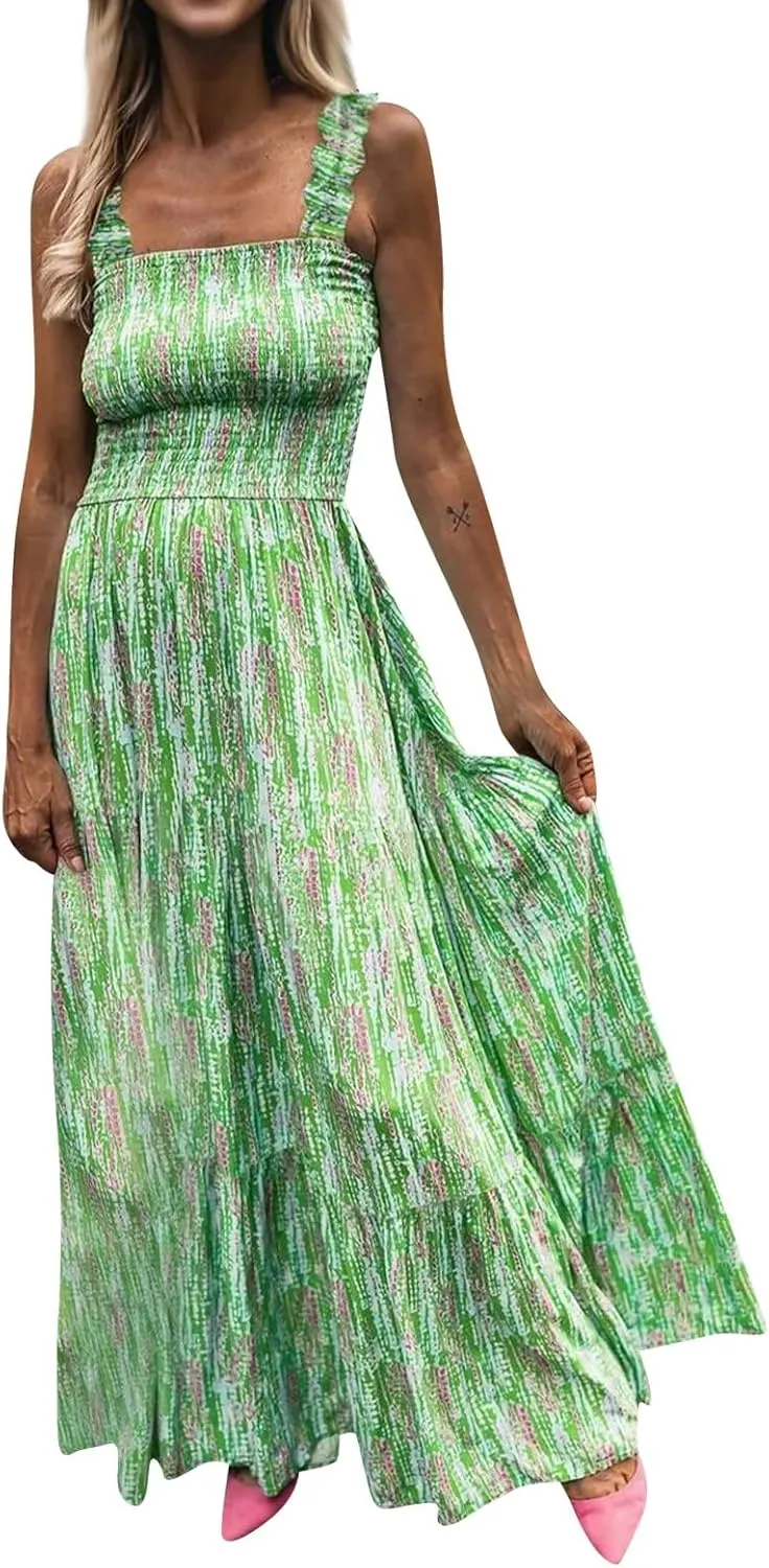 Summer Dresses for Women 2025 Vacation Spaghetti Strap Graffiti Maxi Dress Graphic A Line Swing Beach Dresses