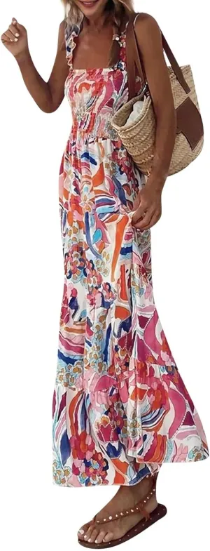 Summer Dresses for Women 2025 Vacation Spaghetti Strap Graffiti Maxi Dress Graphic A Line Swing Beach Dresses