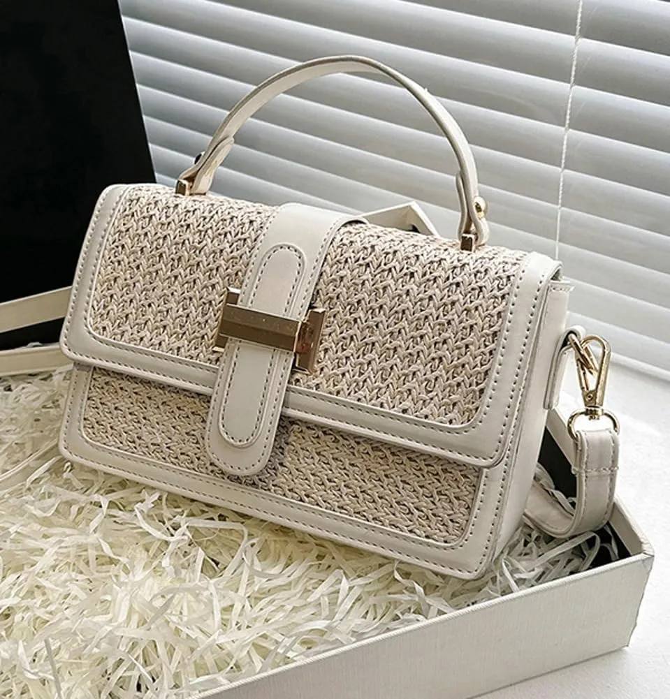 Summer Straw Handbags for Women Straw Crossbody Bag PU Leather Tote Bag Summer Straw Hobo Bag Shoulder Clutch Bag