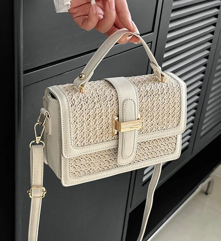 Summer Straw Handbags for Women Straw Crossbody Bag PU Leather Tote Bag Summer Straw Hobo Bag Shoulder Clutch Bag