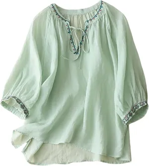 Summer Tops for Women 2025 Dressy Casual Linen Embroidery Blouse Crew Neck Tunic Elbow Sleeve Shirts Plus Size Tops