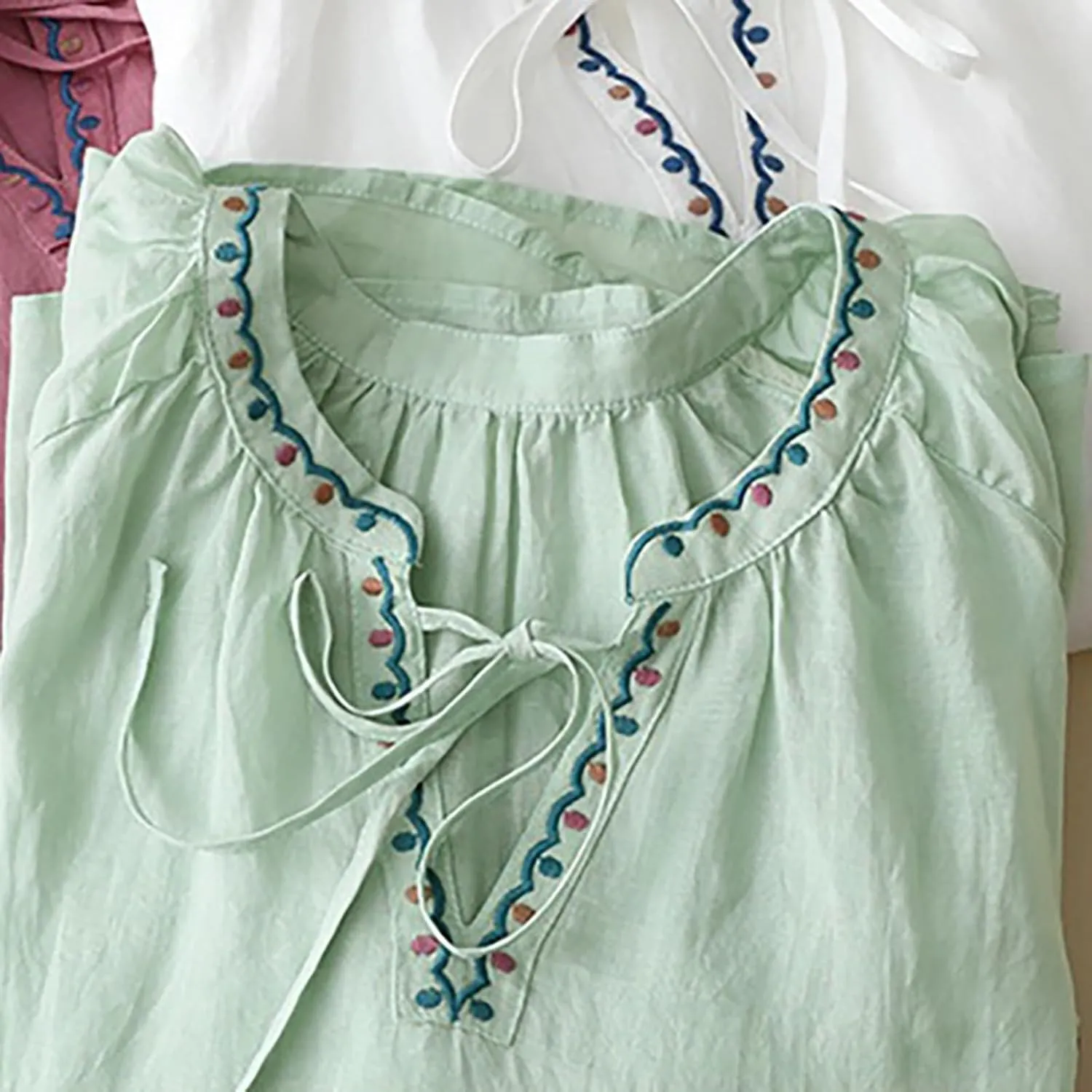 Summer Tops for Women 2025 Dressy Casual Linen Embroidery Blouse Crew Neck Tunic Elbow Sleeve Shirts Plus Size Tops