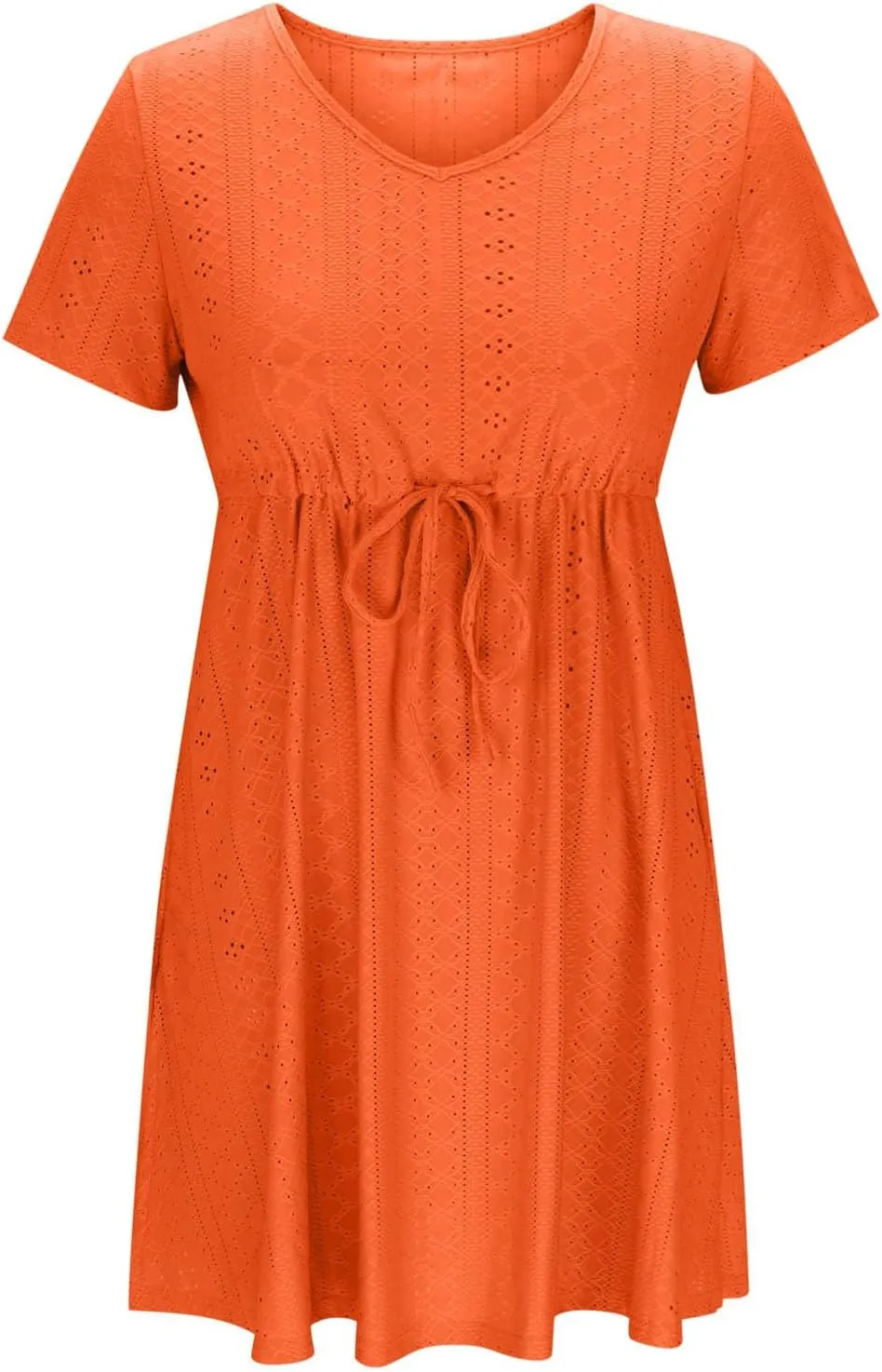 Sundresses for Women 2025 Beach Vacation Cover Ups Eyelet Tshirt Dress Casual V-Neck Drawstring Slit Flowy Mini Dress