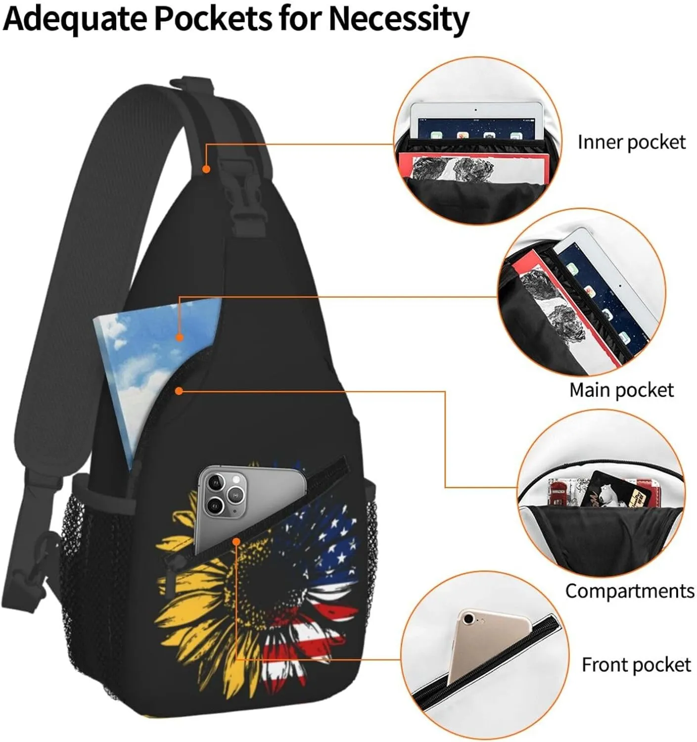 Sunflower American Flag Sling Bag Adjustable Chest Bags Casual Crossbody Bag Travel Shoulder Backpack