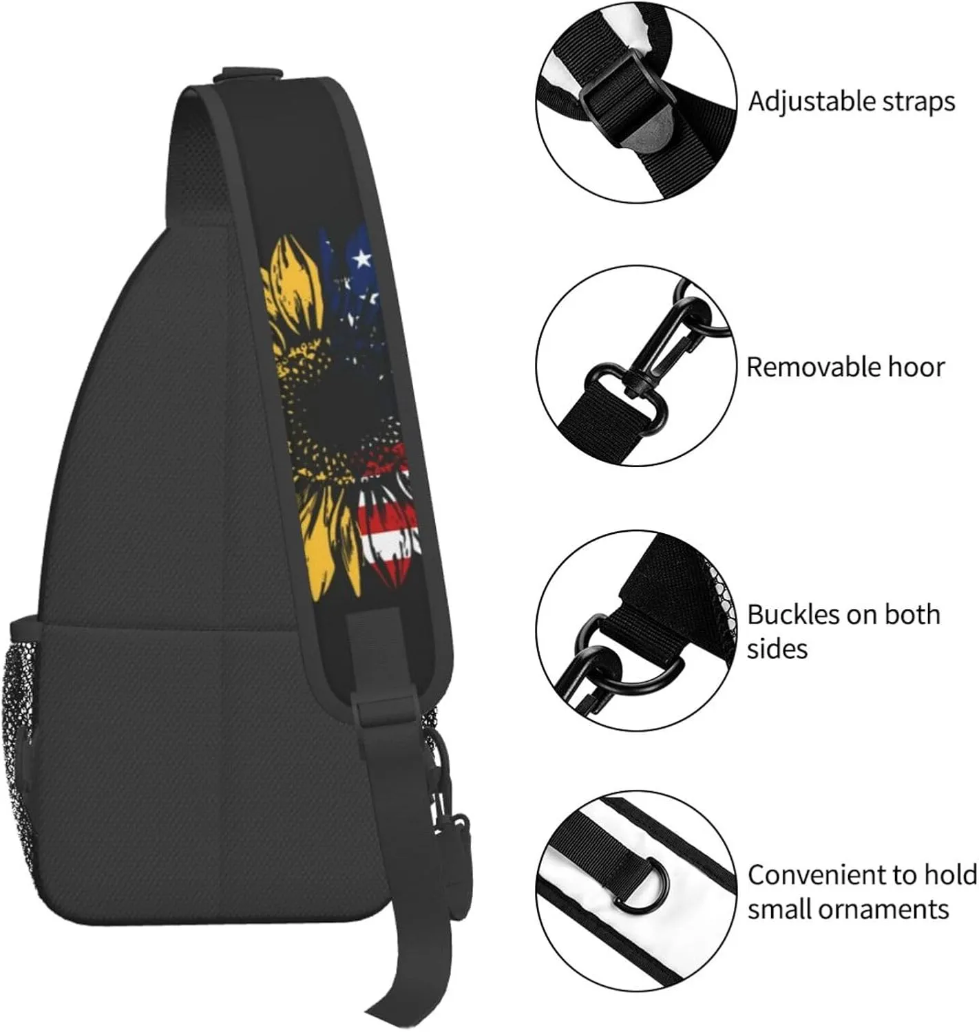 Sunflower American Flag Sling Bag Adjustable Chest Bags Casual Crossbody Bag Travel Shoulder Backpack