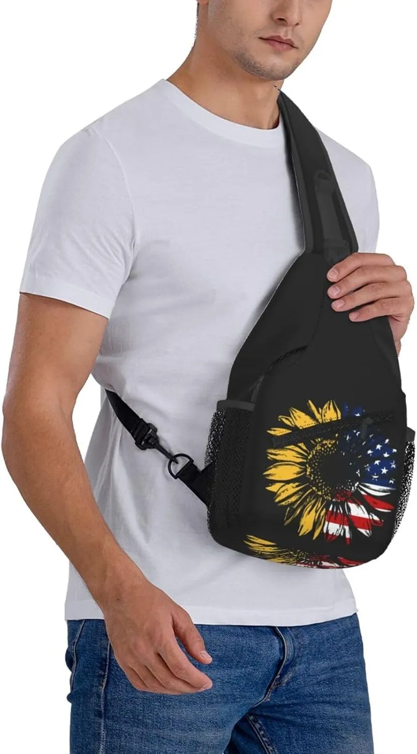 Sunflower American Flag Sling Bag Adjustable Chest Bags Casual Crossbody Bag Travel Shoulder Backpack