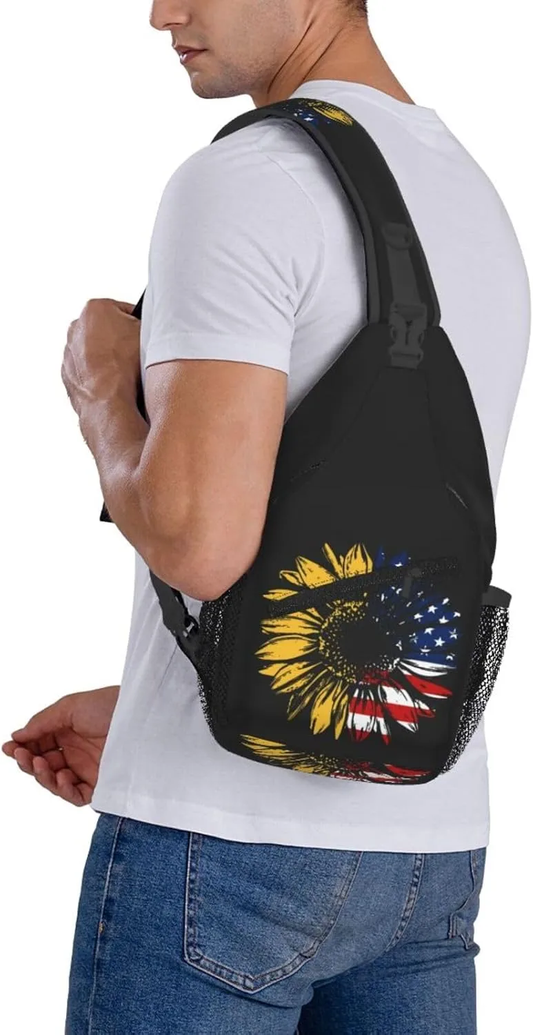 Sunflower American Flag Sling Bag Adjustable Chest Bags Casual Crossbody Bag Travel Shoulder Backpack