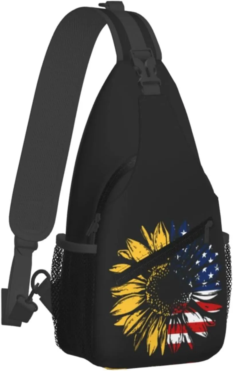 Sunflower American Flag Sling Bag Adjustable Chest Bags Casual Crossbody Bag Travel Shoulder Backpack