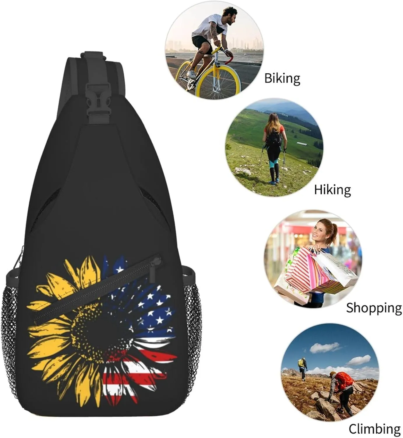 Sunflower American Flag Sling Bag Adjustable Chest Bags Casual Crossbody Bag Travel Shoulder Backpack