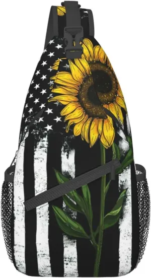 Sunflower And American Flag Sling Backpack Crossbody Shoulder Bags For Women Men, Sling Bag Travel Hiking Chest Bag Daypack