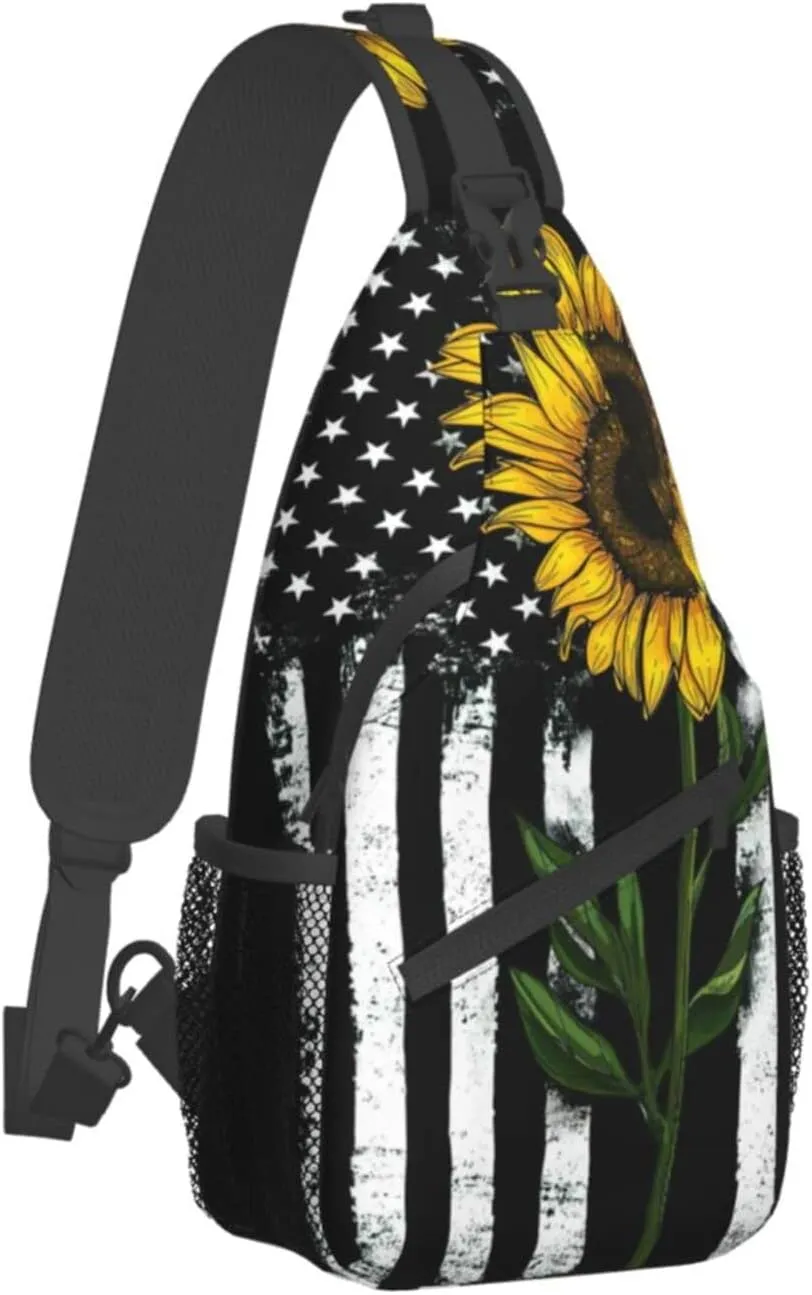 Sunflower And American Flag Sling Backpack Crossbody Shoulder Bags For Women Men, Sling Bag Travel Hiking Chest Bag Daypack