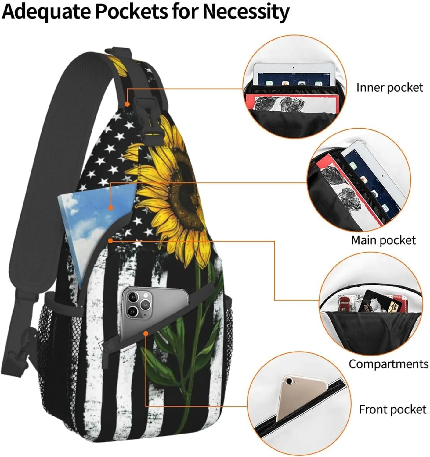 Sunflower And American Flag Sling Backpack Crossbody Shoulder Bags For Women Men, Sling Bag Travel Hiking Chest Bag Daypack