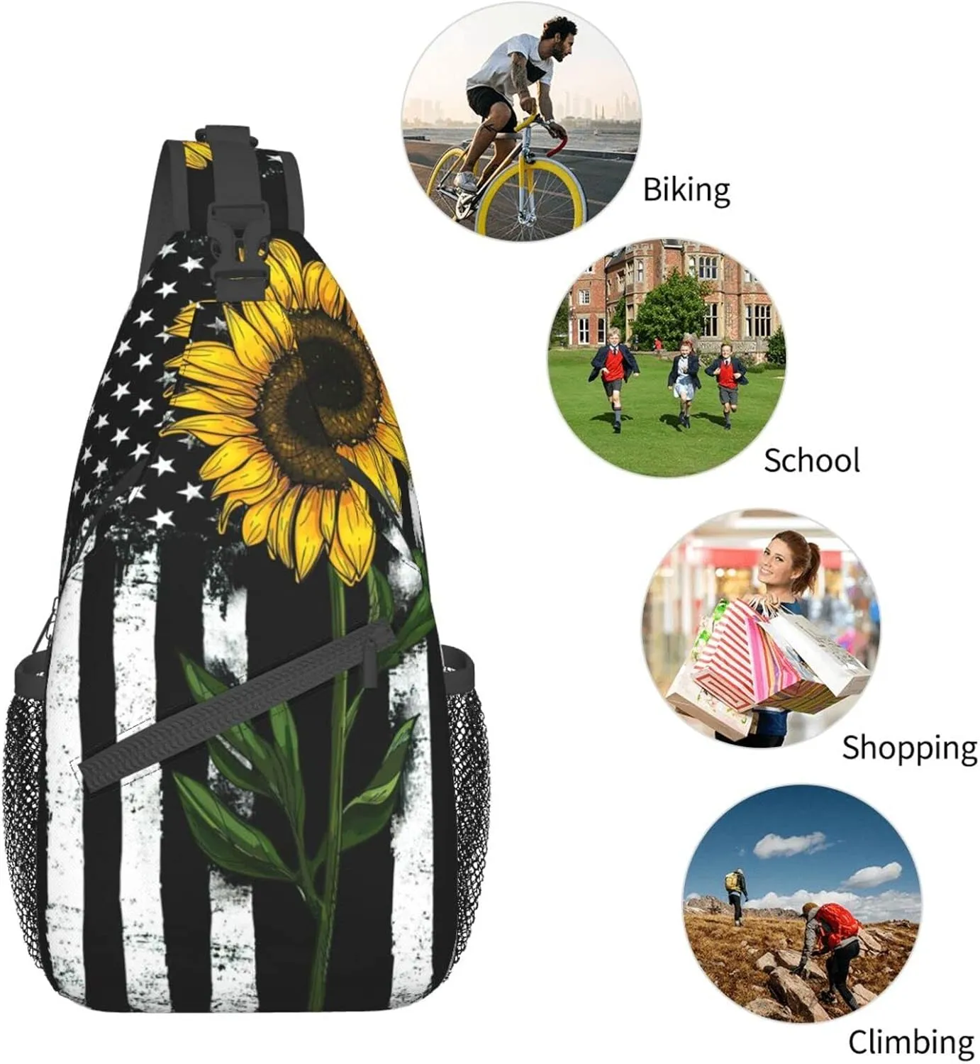 Sunflower And American Flag Sling Backpack Crossbody Shoulder Bags For Women Men, Sling Bag Travel Hiking Chest Bag Daypack