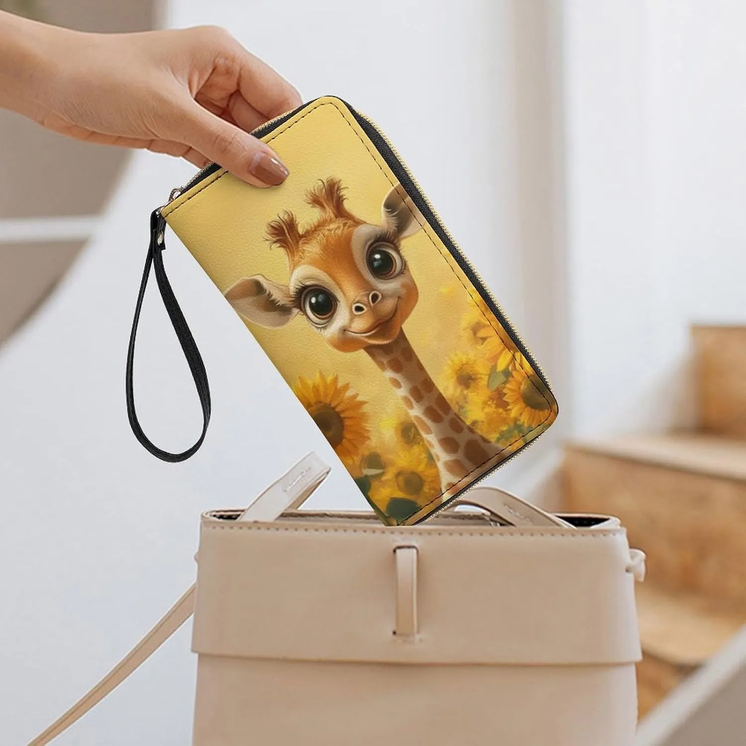 Sunflower Giraffe Wallet for Women Cute Purse Leather Wallets Credit Card Holder Long Wallets with Zipper Travel Clutch Bag Wristlet Money Storage Organizer Yellow