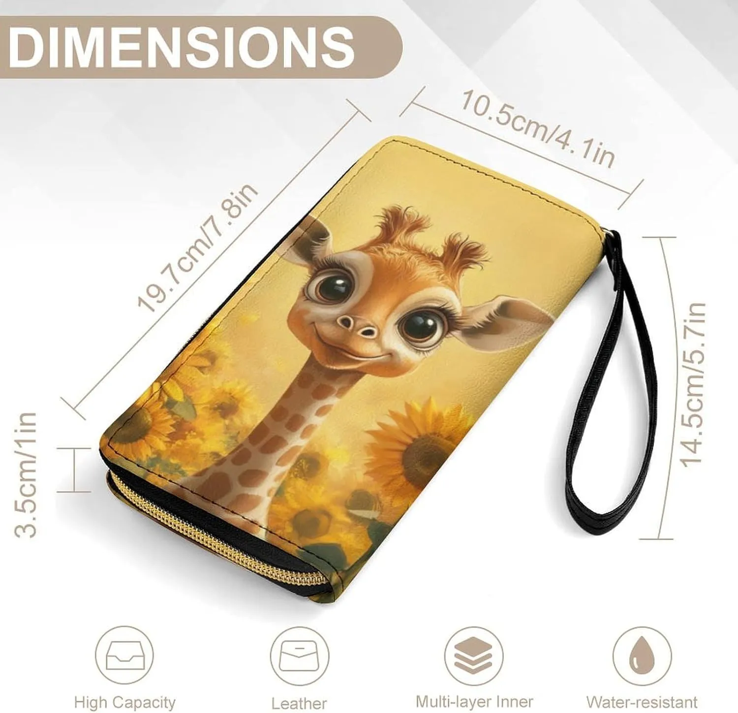 Sunflower Giraffe Wallet for Women Cute Purse Leather Wallets Credit Card Holder Long Wallets with Zipper Travel Clutch Bag Wristlet Money Storage Organizer Yellow