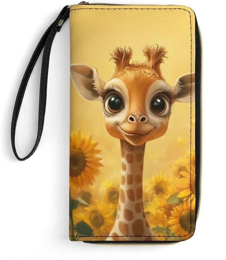 Sunflower Giraffe Wallet for Women Cute Purse Leather Wallets Credit Card Holder Long Wallets with Zipper Travel Clutch Bag Wristlet Money Storage Organizer Yellow