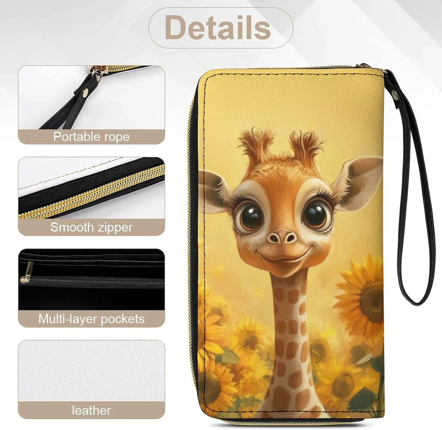 Sunflower Giraffe Wallet for Women Cute Purse Leather Wallets Credit Card Holder Long Wallets with Zipper Travel Clutch Bag Wristlet Money Storage Organizer Yellow