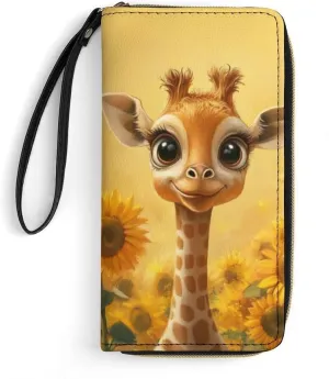 Sunflower Giraffe Wallet for Women Cute Purse Leather Wallets Credit Card Holder Long Wallets with Zipper Travel Clutch Bag Wristlet Money Storage Organizer Yellow