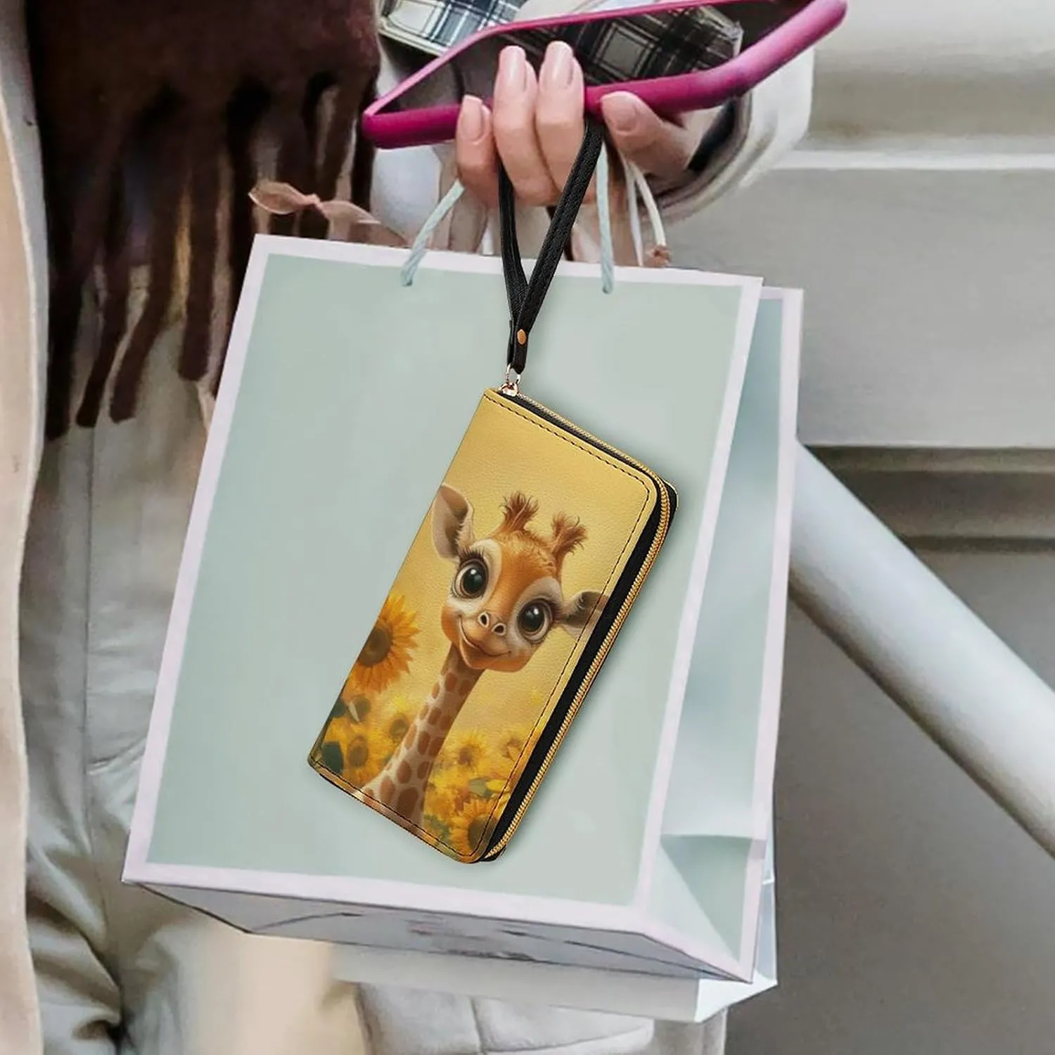 Sunflower Giraffe Wallet for Women Cute Purse Leather Wallets Credit Card Holder Long Wallets with Zipper Travel Clutch Bag Wristlet Money Storage Organizer Yellow