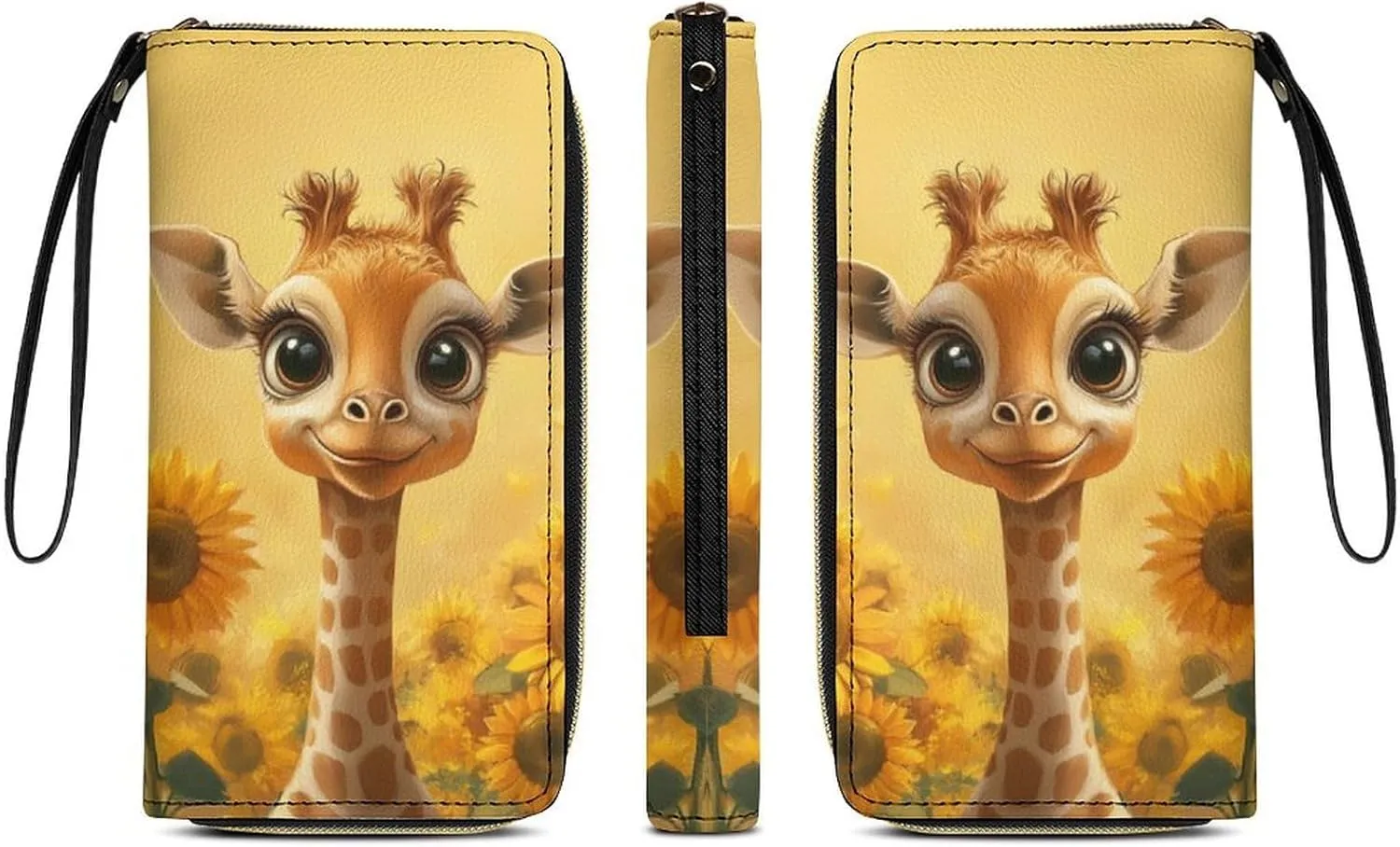 Sunflower Giraffe Wallet for Women Cute Purse Leather Wallets Credit Card Holder Long Wallets with Zipper Travel Clutch Bag Wristlet Money Storage Organizer Yellow