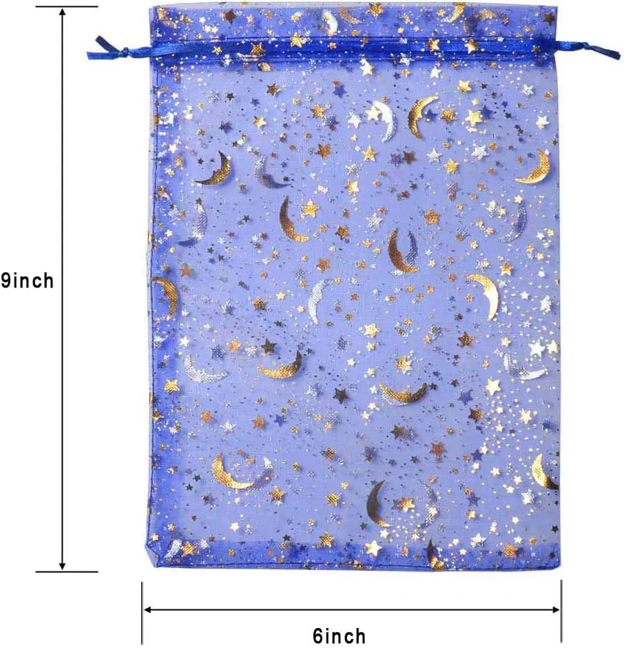 SUNGULF 100Pcs 6x9 Inches Sheer Organza Drawstring Pouches Stars And Moon Wedding Party Favor Jewelry Candy Gift Bags (Blue)