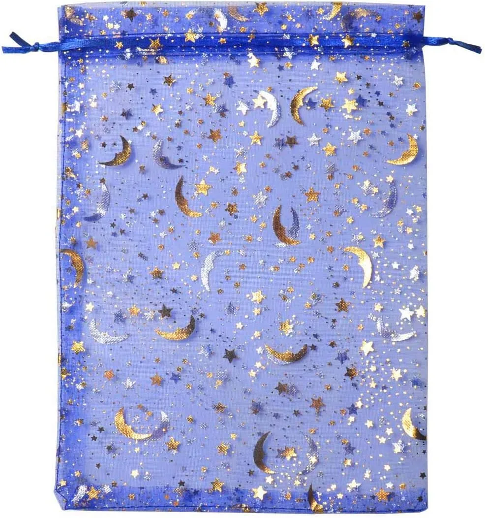 SUNGULF 100Pcs 6x9 Inches Sheer Organza Drawstring Pouches Stars And Moon Wedding Party Favor Jewelry Candy Gift Bags (Blue)