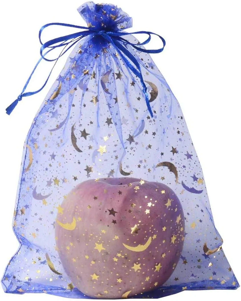 SUNGULF 100Pcs 6x9 Inches Sheer Organza Drawstring Pouches Stars And Moon Wedding Party Favor Jewelry Candy Gift Bags (Blue)