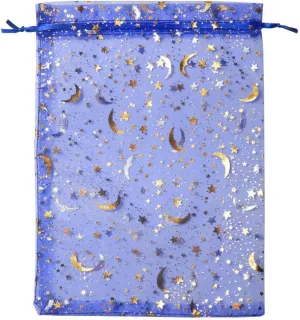 SUNGULF 100Pcs 6x9 Inches Sheer Organza Drawstring Pouches Stars And Moon Wedding Party Favor Jewelry Candy Gift Bags (Blue)