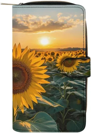 Sunset Over Sunflower Field PU Leather Womens Wallet Large Capacity Zippered Bifold Purse with 12 Card Slot Coin Case