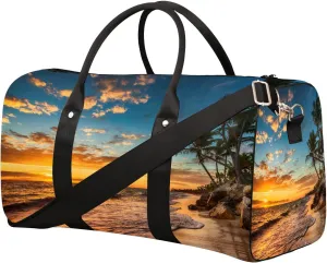 Sunset Palm Tree Beach Travel Duffel Bag for Women Men Small Sport Gym Bag Waterproof Weekender Overnight Bag Lightweight Carry on bag Foldable Gym Bag for Training Swim Yoga Traveling Handbag